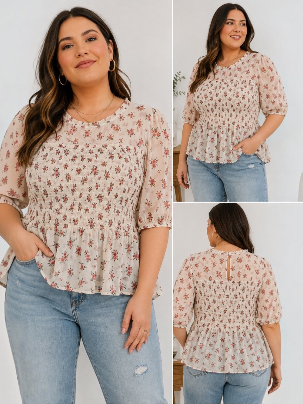 Torrid 3X 22/24 Rose Floral Chiffon Smocked Peplum Blouse Ruffle Top